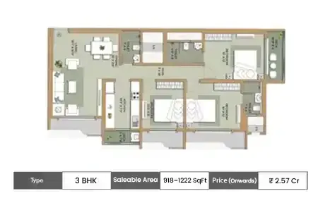 Ethics Orovia 3 BHK floor plan, 918 sq ft carpet area
